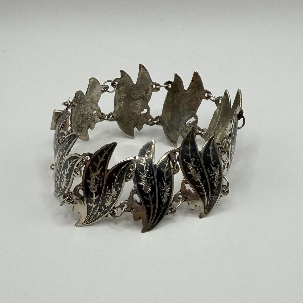 Vintage Sterling Silver Leaf Link Bracelet 7" 18.5g Etched Floral Design